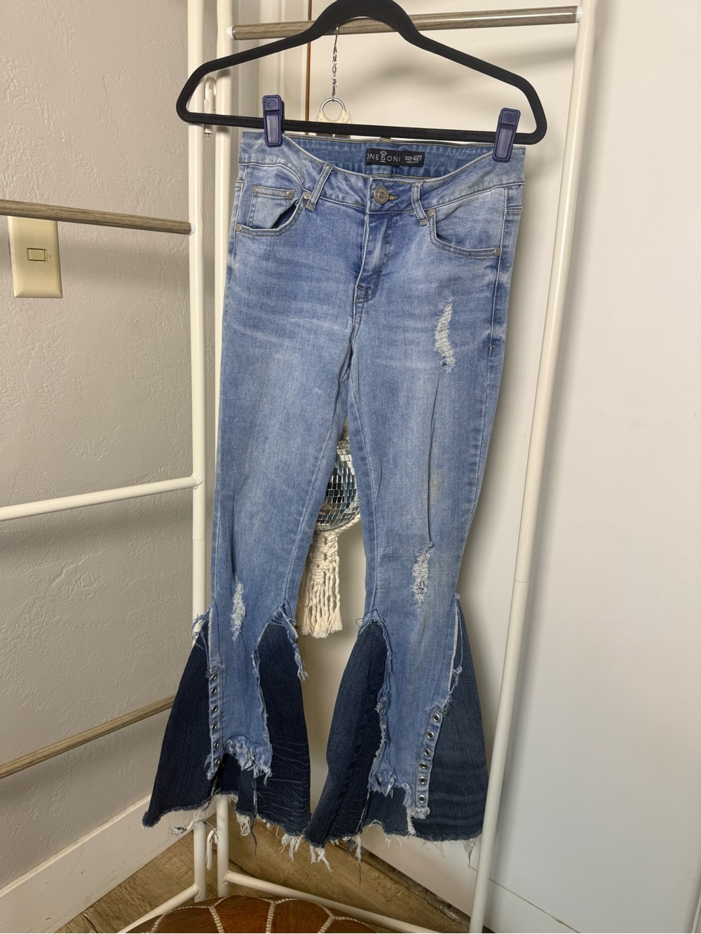Upcycled Distressed Flare Jeans in Light Blue